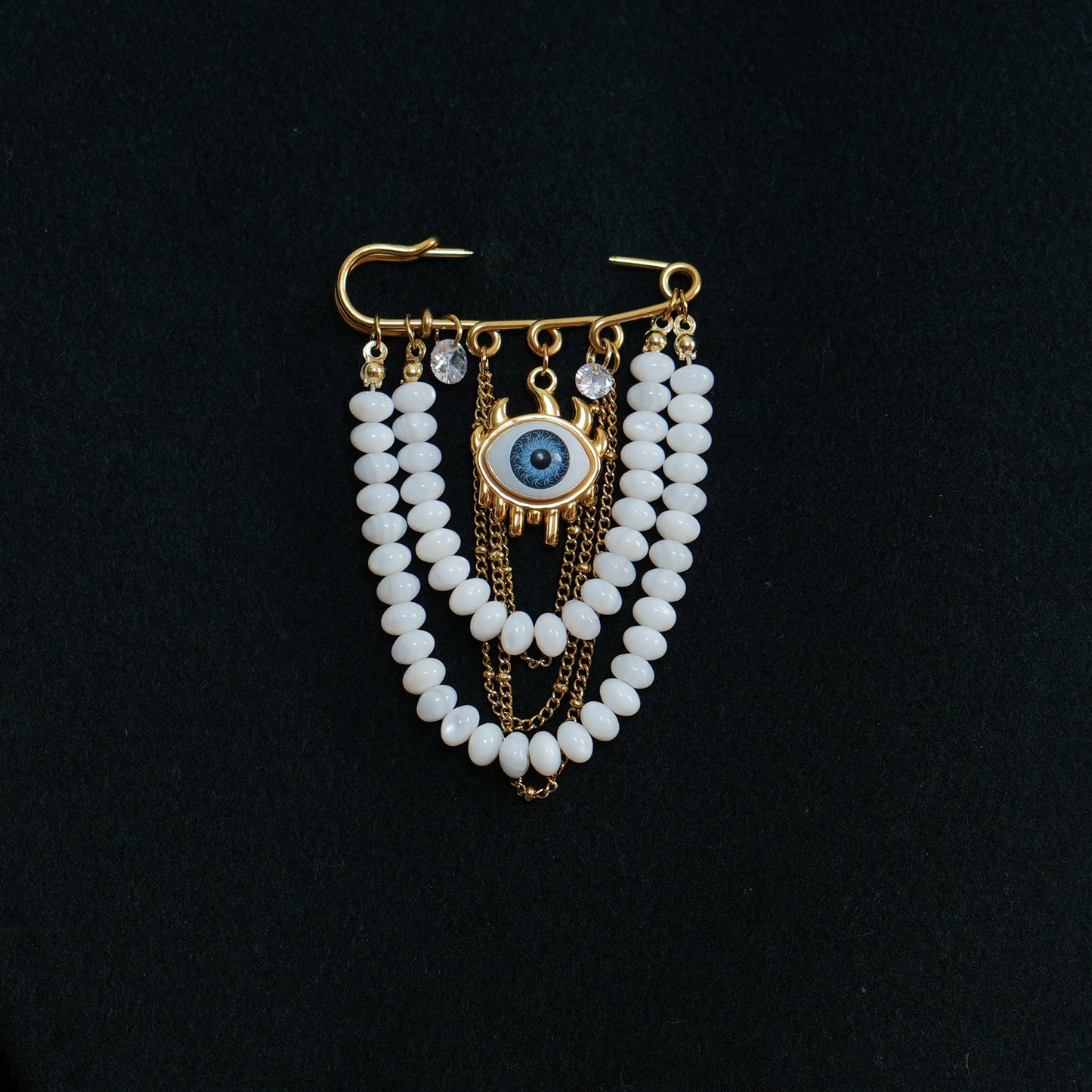 Evil Eye Pearl Brooch, 18K Gold Plated Stainless Steel, Handmade Statement Safety Pin