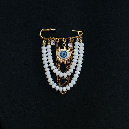 Evil Eye Pearl Brooch, 18K Gold Plated Stainless Steel, Handmade Statement Safety Pin