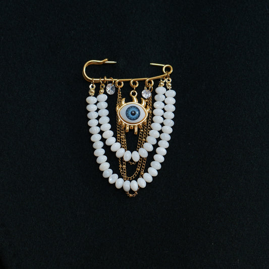 Evil Eye Pearl Brooch, 18K Gold Plated Stainless Steel, Handmade Statement Safety Pin