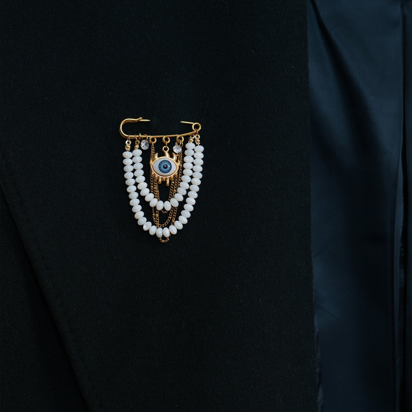 Evil Eye Pearl Brooch, 18K Gold Plated Stainless Steel, Handmade Statement Safety Pin