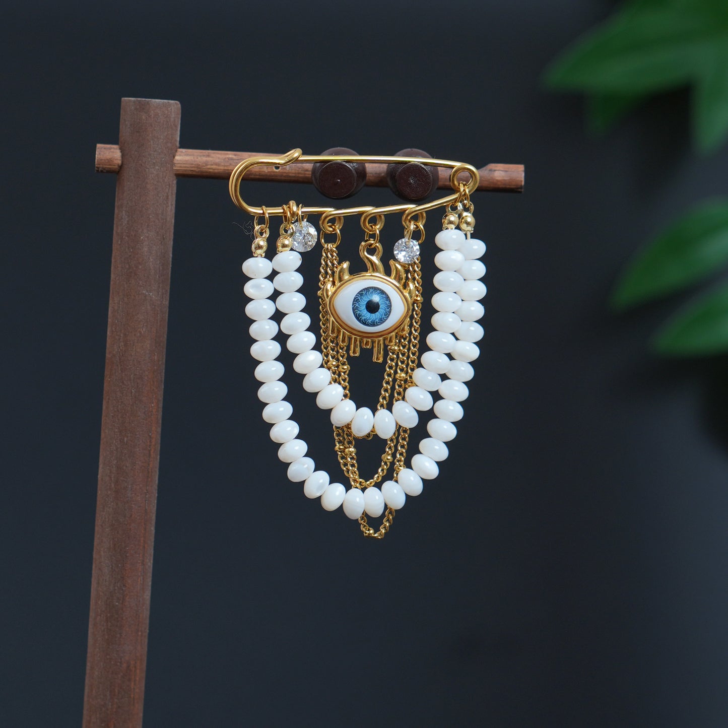 Evil Eye Pearl Brooch, 18K Gold Plated Stainless Steel, Handmade Statement Safety Pin