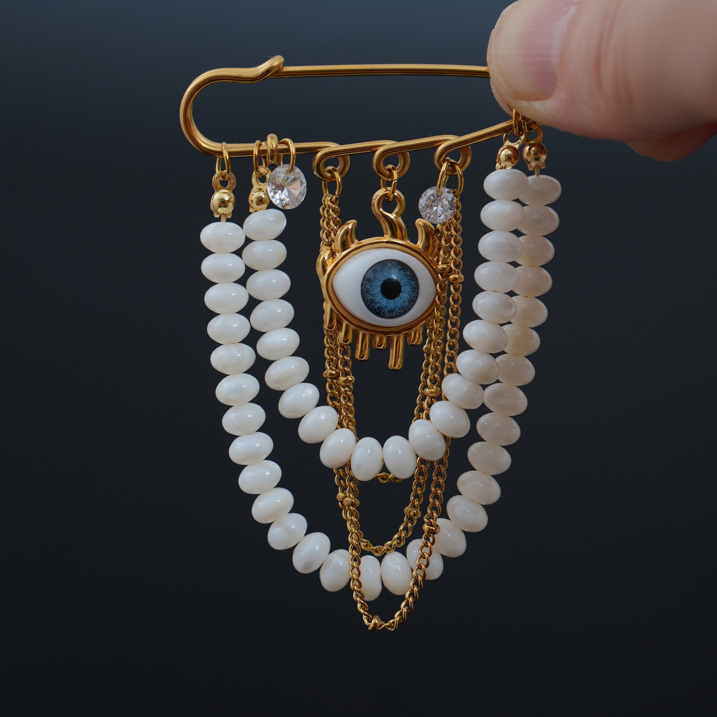 Evil Eye Pearl Brooch, 18K Gold Plated Stainless Steel, Handmade Statement Safety Pin