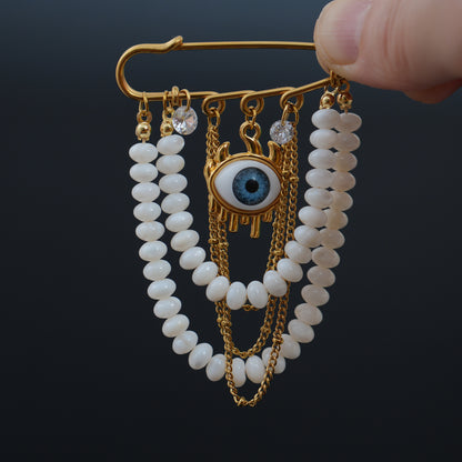 Evil Eye Pearl Brooch, 18K Gold Plated Stainless Steel, Handmade Statement Safety Pin