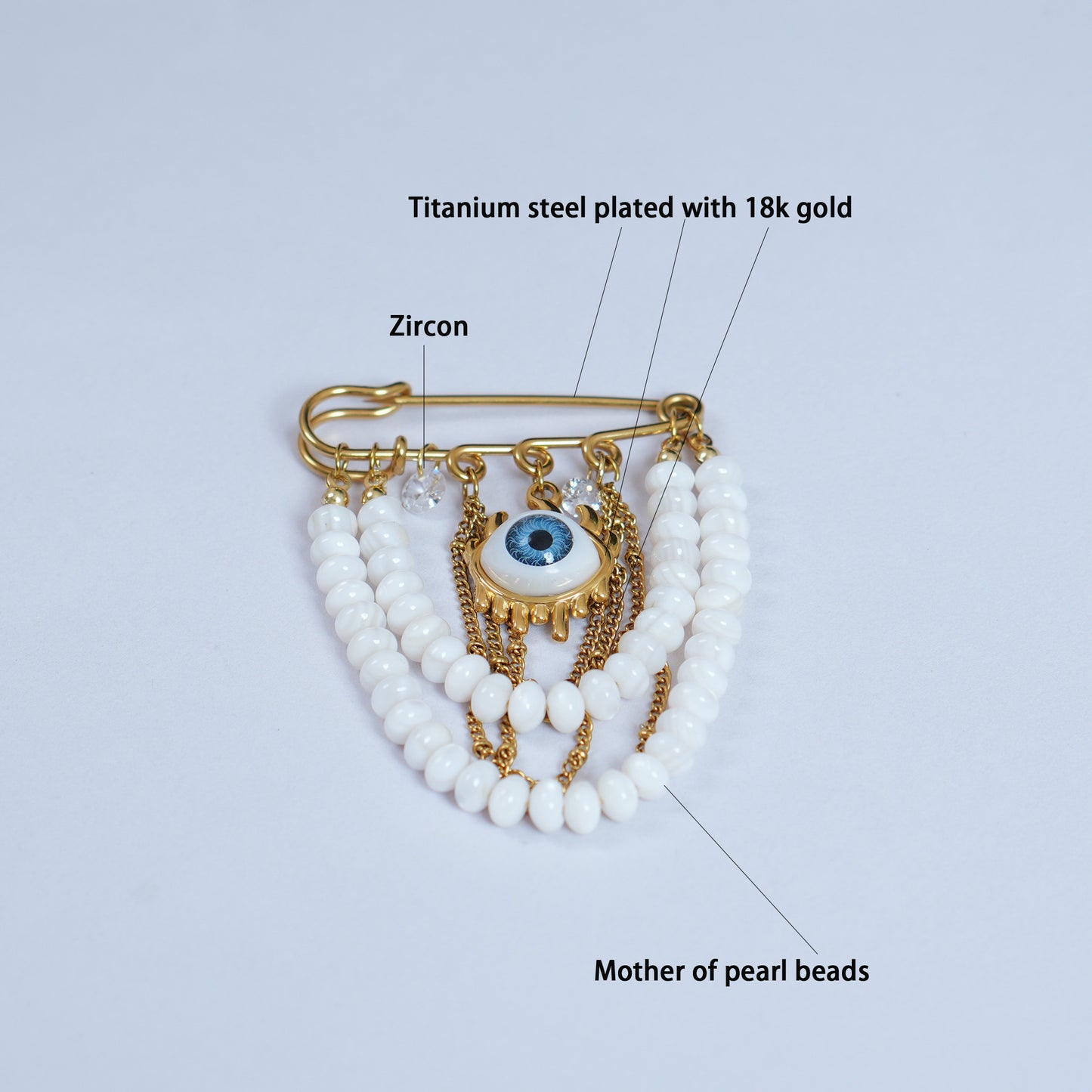 Evil Eye Pearl Brooch, 18K Gold Plated Stainless Steel, Handmade Statement Safety Pin