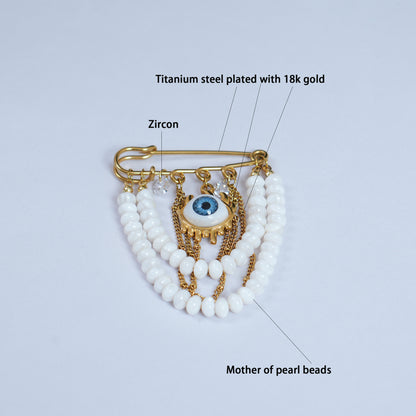 Evil Eye Pearl Brooch, 18K Gold Plated Stainless Steel, Handmade Statement Safety Pin