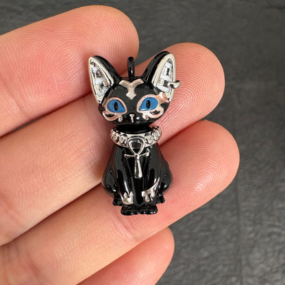 Egyptian Bastet Black Cat Charm, Enamel Cat Pendant for Jewelry Making
