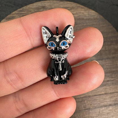 Egyptian Bastet Black Cat Charm, Enamel Cat Pendant for Jewelry Making