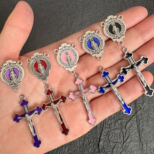 Enamel Our Lady Connector & Crucifix Set, Multicolor Pink Red Purple Black Blue, Religious DIY Rosary Necklace Supplies