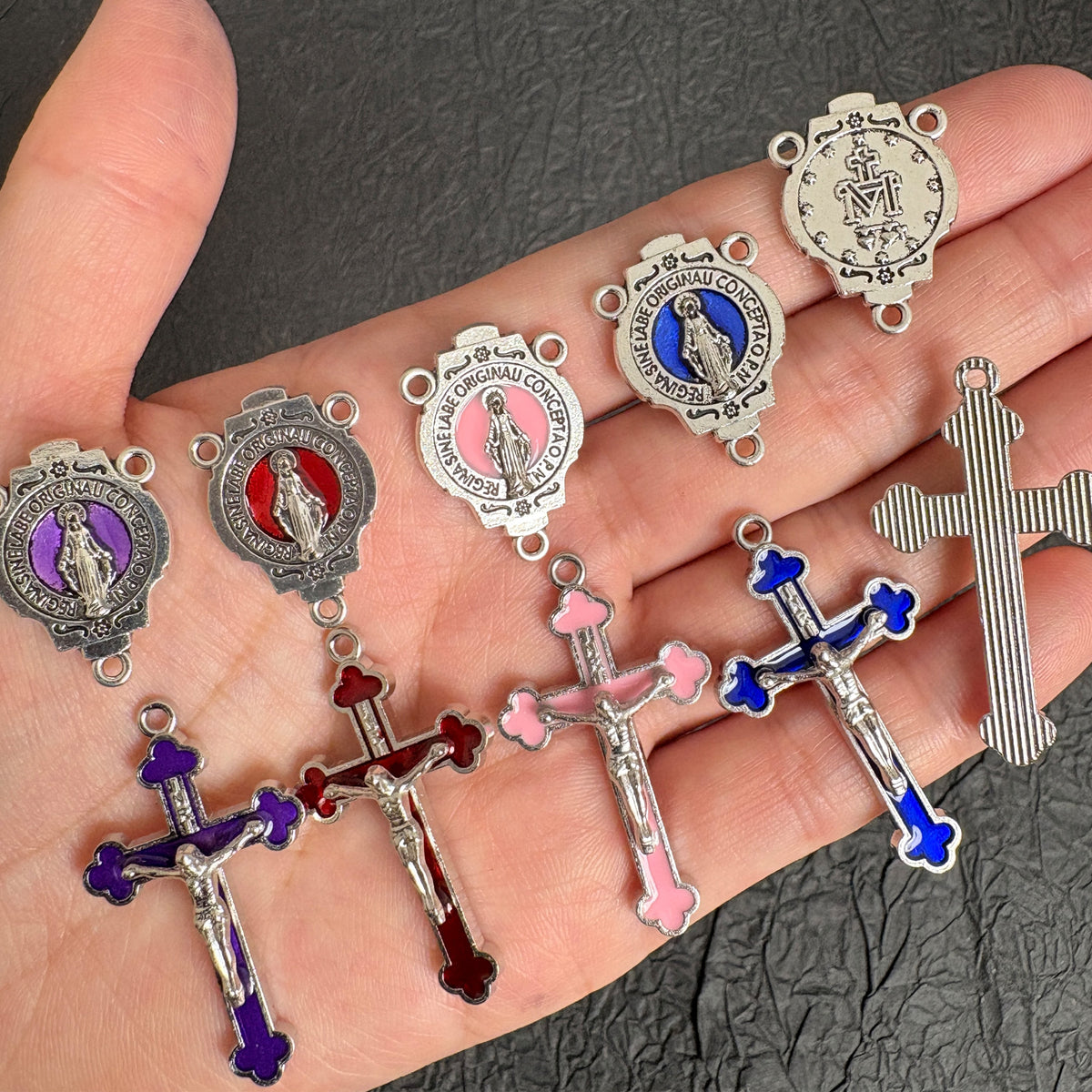 Enamel Our Lady Connector & Crucifix Set, Multicolor Pink Red Purple Black Blue, Religious DIY Rosary Necklace Supplies