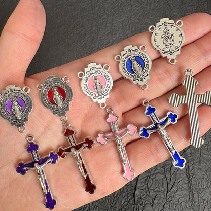 Enamel Our Lady Connector & Crucifix Set, Multicolor Pink Red Purple Black Blue, Religious DIY Rosary Necklace Supplies