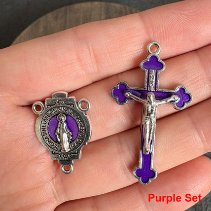 Enamel Our Lady Connector & Crucifix Set, Multicolor Pink Red Purple Black Blue, Religious DIY Rosary Necklace Supplies
