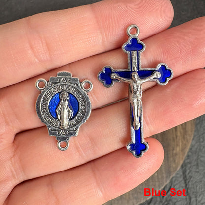 Enamel Our Lady Connector & Crucifix Set, Multicolor Pink Red Purple Black Blue, Religious DIY Rosary Necklace Supplies