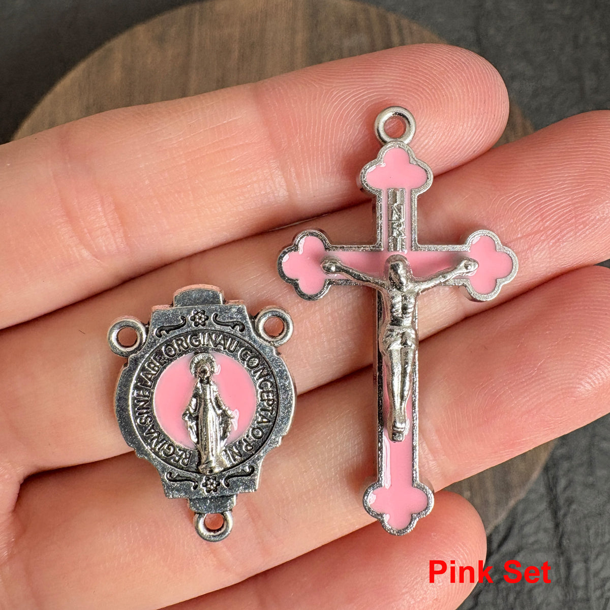 Enamel Our Lady Connector & Crucifix Set, Multicolor Pink Red Purple Black Blue, Religious DIY Rosary Necklace Supplies