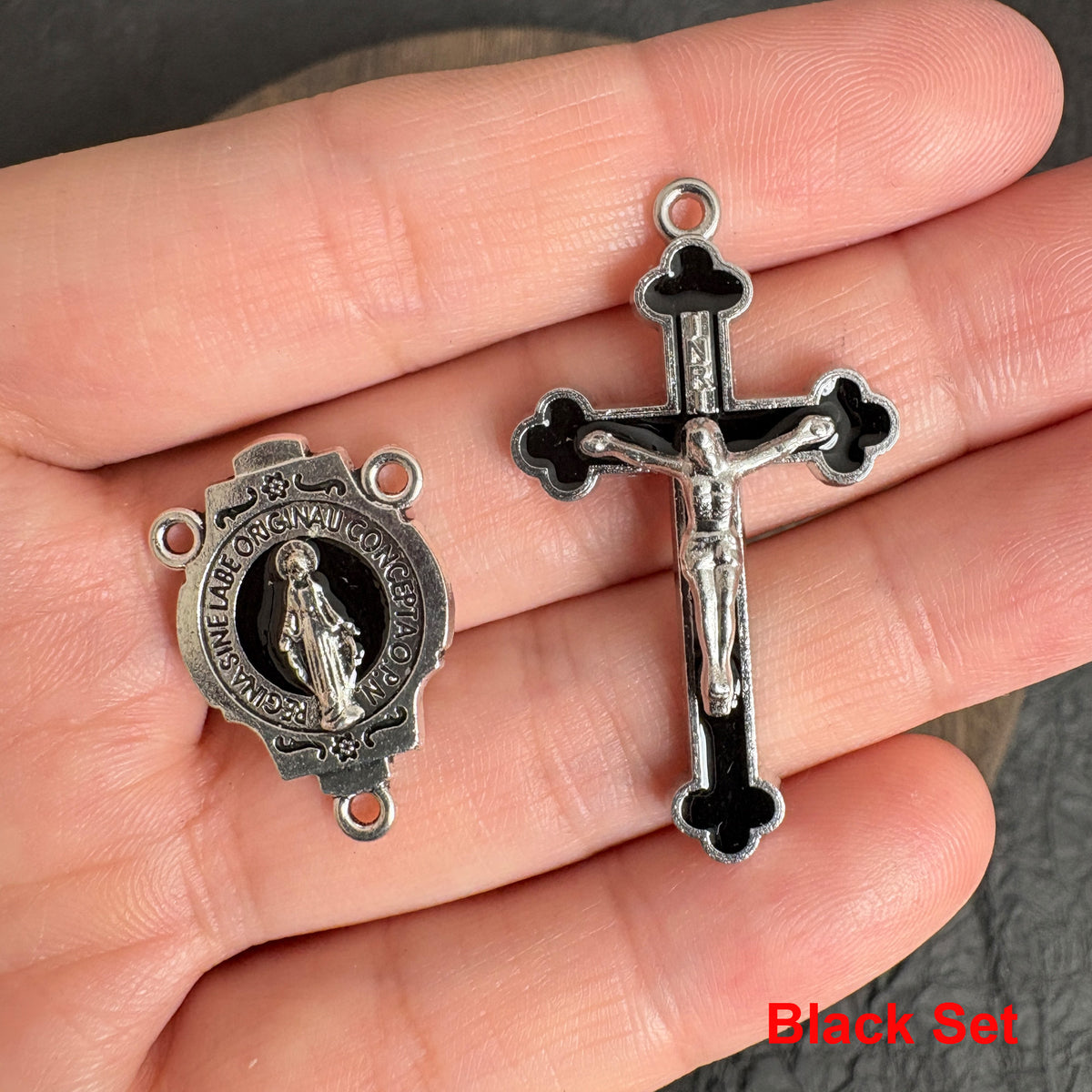 Enamel Our Lady Connector & Crucifix Set, Multicolor Pink Red Purple Black Blue, Religious DIY Rosary Necklace Supplies
