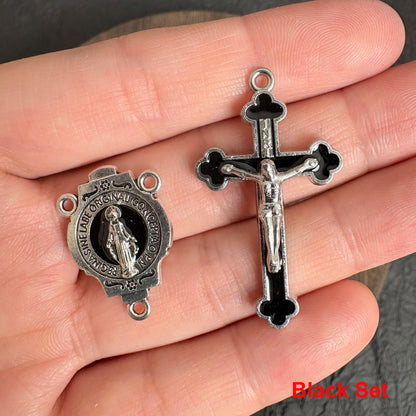 Enamel Our Lady Connector & Crucifix Set, Multicolor Pink Red Purple Black Blue, Religious DIY Rosary Necklace Supplies