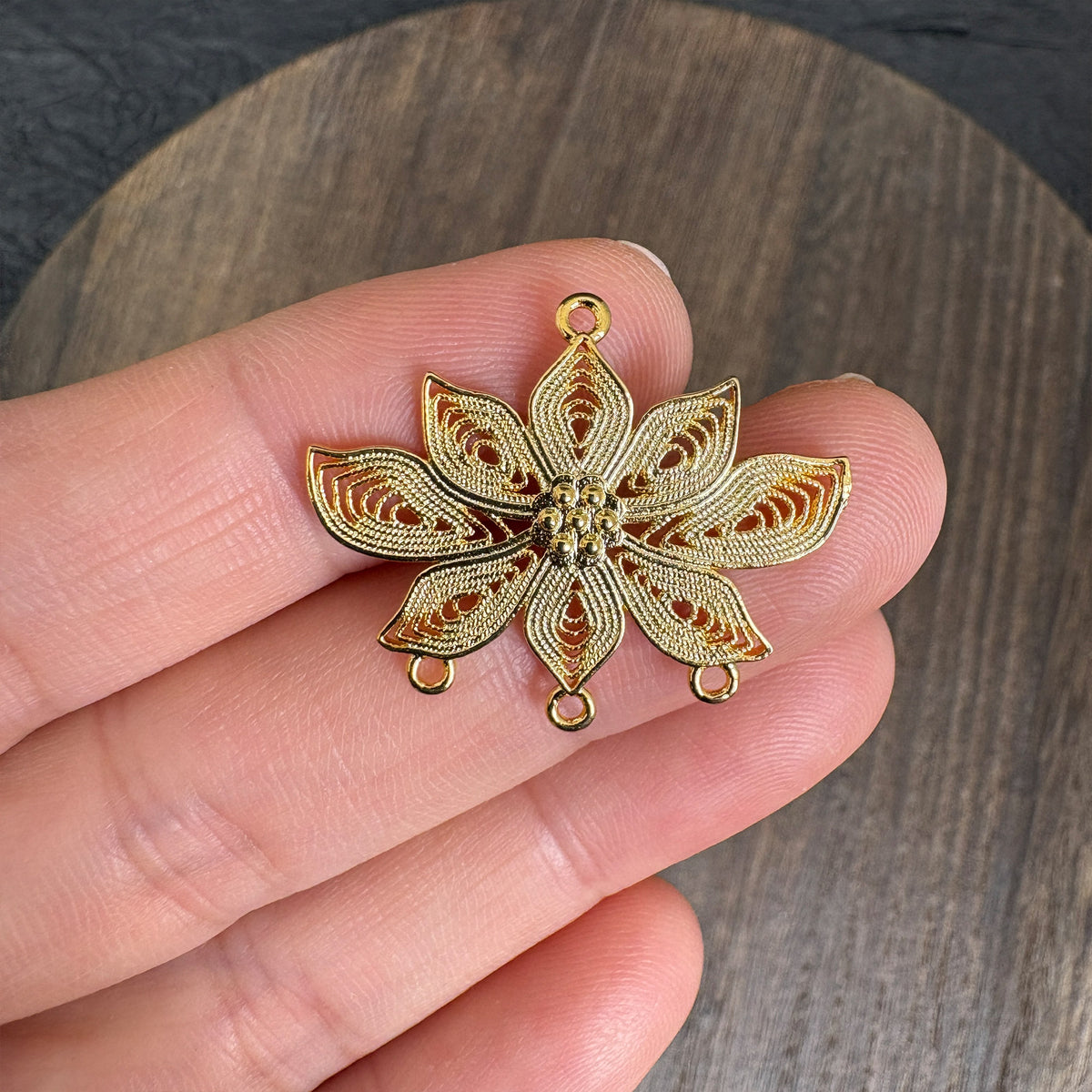 2PCS 24K Gold Plated Filigree Lotus Connector, DIY Jewelry Making Charm