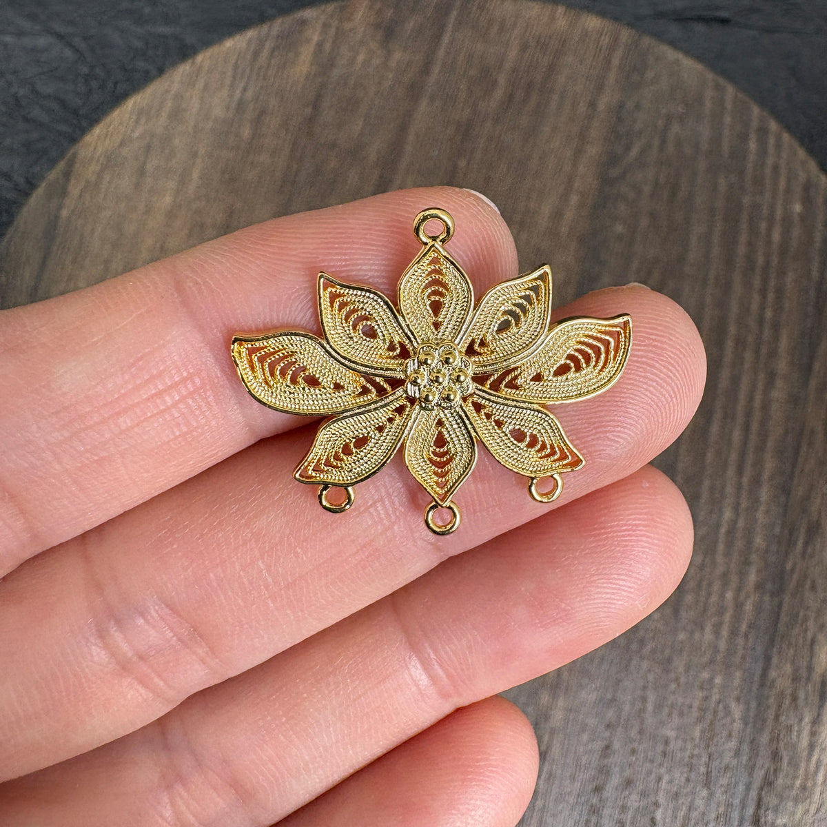2PCS 24K Gold Plated Filigree Lotus Connector, DIY Jewelry Making Charm