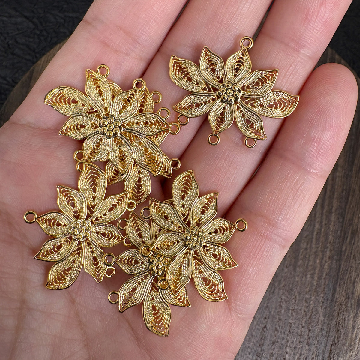 2PCS 24K Gold Plated Filigree Lotus Connector, DIY Jewelry Making Charm