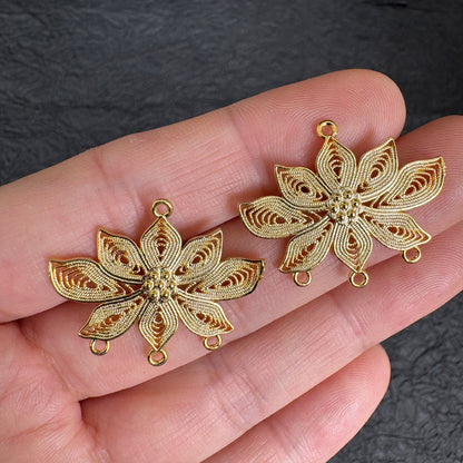 2PCS 24K Gold Plated Filigree Lotus Connector, DIY Jewelry Making Charm