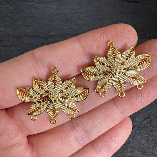 2PCS 24K Gold Plated Filigree Lotus Connector, DIY Jewelry Making Charm