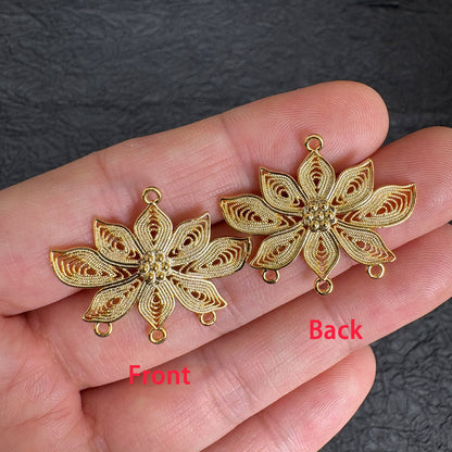 2PCS 24K Gold Plated Filigree Lotus Connector, DIY Jewelry Making Charm