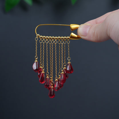 Glass Pomegranate Seeds Tassel Brooch – Handcrafted Elegant Gift for Her