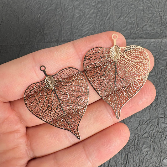 2PCS Gold  Skeleton Poplar Leaf Pendants for Craft Jewelry Bookmarks