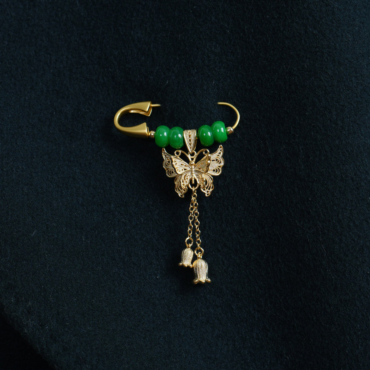 Gold Butterfly Lily of the Valley Brooch , Green Jade Safety Pin, Gift for Her