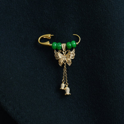 Gold Butterfly Lily of the Valley Brooch , Green Jade Safety Pin, Gift for Her