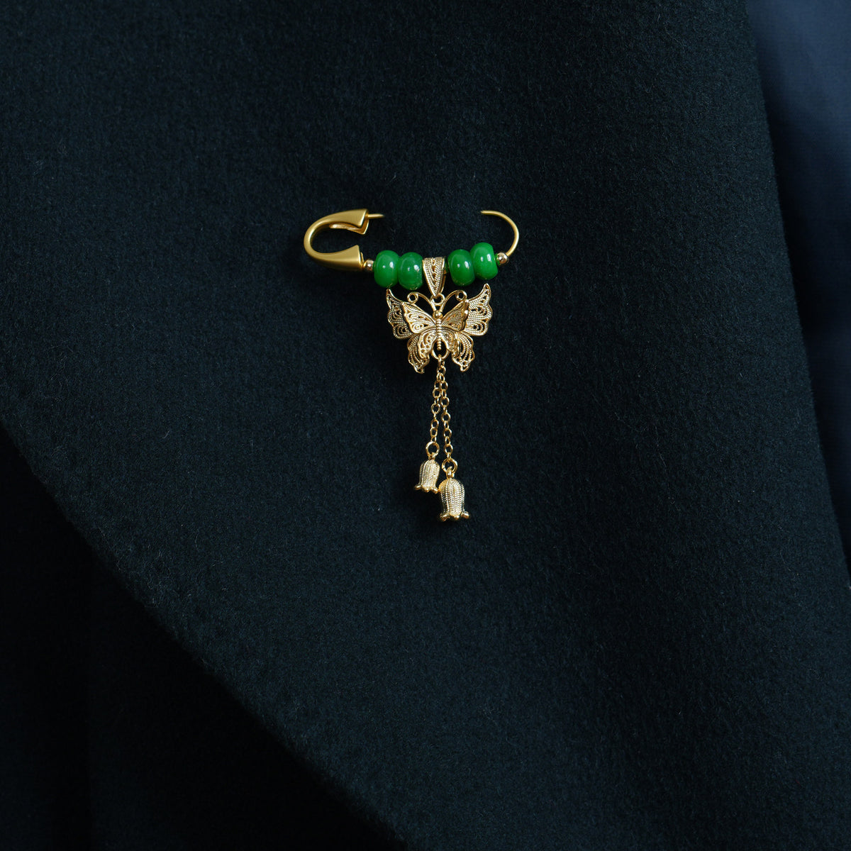 Gold Butterfly Lily of the Valley Brooch , Green Jade Safety Pin, Gift for Her