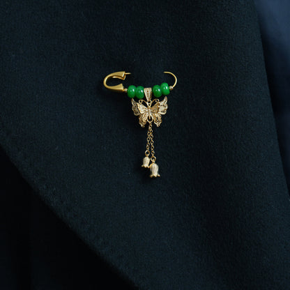 Gold Butterfly Lily of the Valley Brooch , Green Jade Safety Pin, Gift for Her