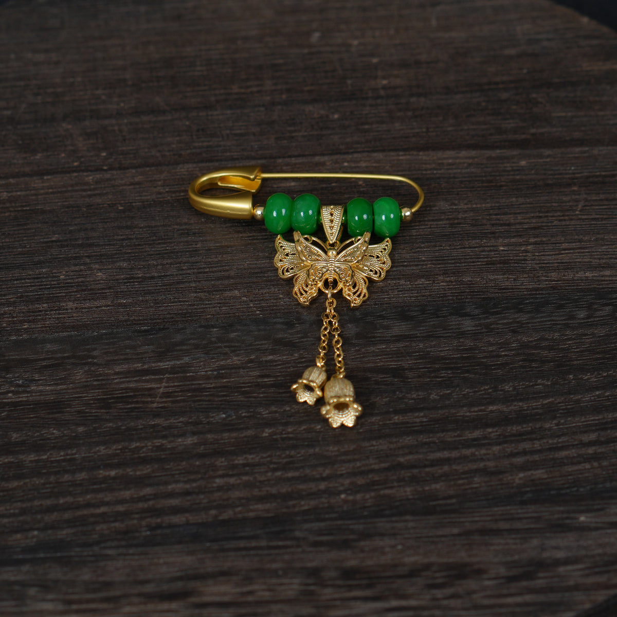 Gold Butterfly Lily of the Valley Brooch , Green Jade Safety Pin, Gift for Her