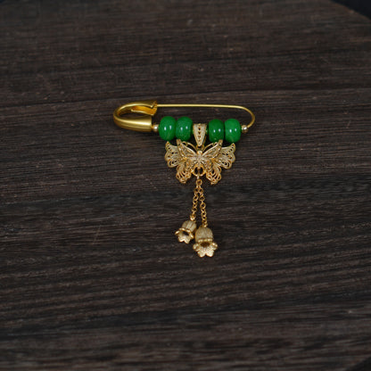 Gold Butterfly Lily of the Valley Brooch , Green Jade Safety Pin, Gift for Her