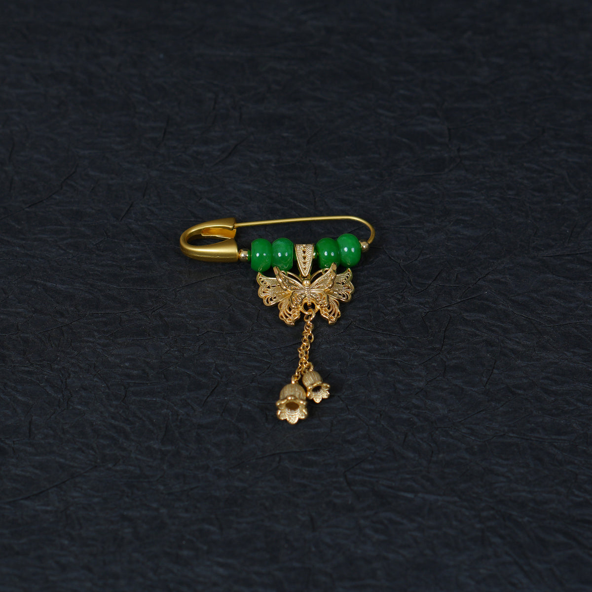 Gold Butterfly Lily of the Valley Brooch , Green Jade Safety Pin, Gift for Her