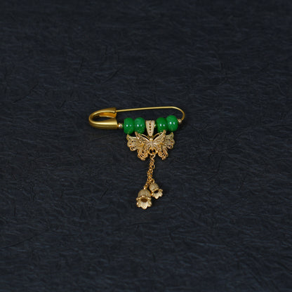 Gold Butterfly Lily of the Valley Brooch , Green Jade Safety Pin, Gift for Her