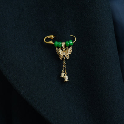 Gold Butterfly Lily of the Valley Brooch , Green Jade Safety Pin, Gift for Her