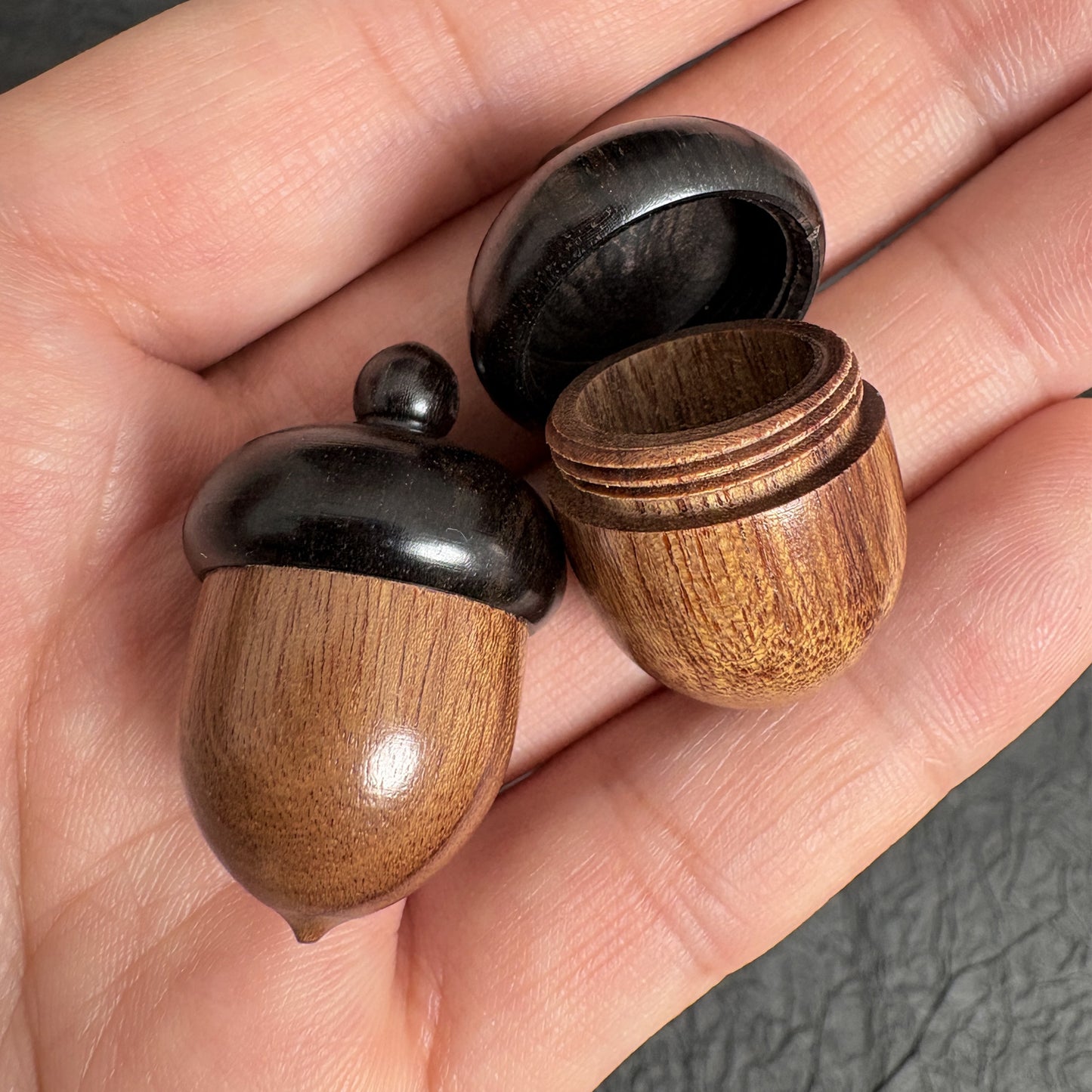 Hand Carved Rosewood Acorn Pinecone Box Pendant, Mini Wooden Wish Pill Box, Nature Keepsake Trinket Container