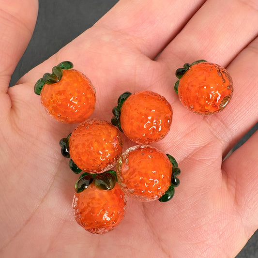 6PCS Lampwork Glass Orange Tangerine Mandarin Beads, Fruit Through Hole Beads for Jewelry Making