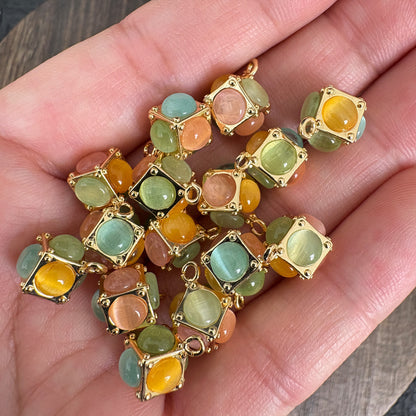 Multicolor Cat Eye Cube Charms, Gold Tone Jewelry Making Pendant
