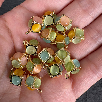 Multicolor Cat Eye Cube Charms, Gold Tone Jewelry Making Pendant