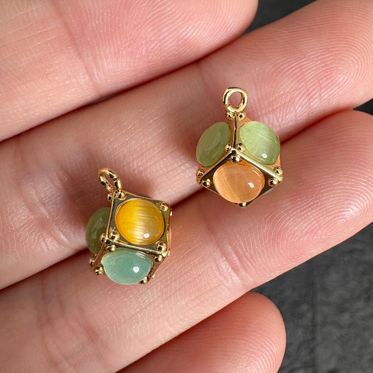 Multicolor Cat Eye Cube Charms, Gold Tone Jewelry Making Pendant