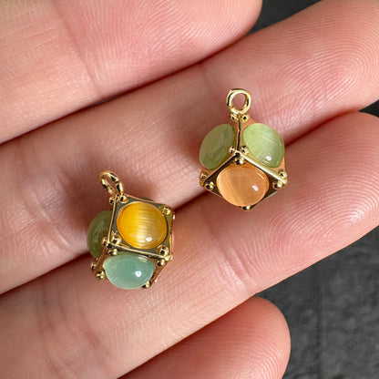 Multicolor Cat Eye Cube Charms, Gold Tone Jewelry Making Pendant