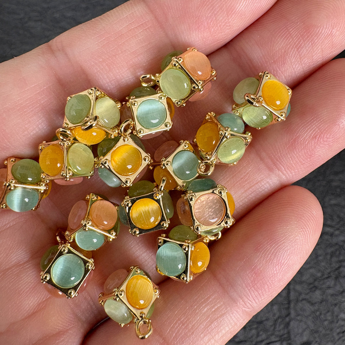 Multicolor Cat Eye Cube Charms, Gold Tone Jewelry Making Pendant