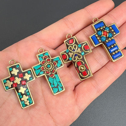 Nepal Ethnic Style Cross Pendant, Handmade Tribal Jewelry, Boho Spiritual Necklace Charm