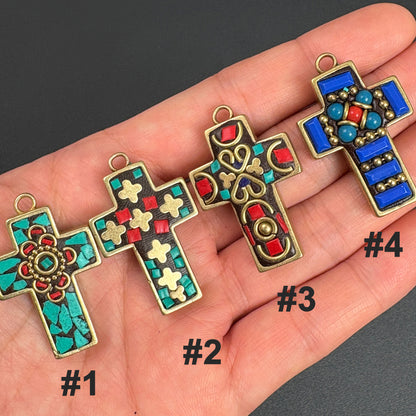 Nepal Ethnic Style Cross Pendant, Handmade Tribal Jewelry, Boho Spiritual Necklace Charm