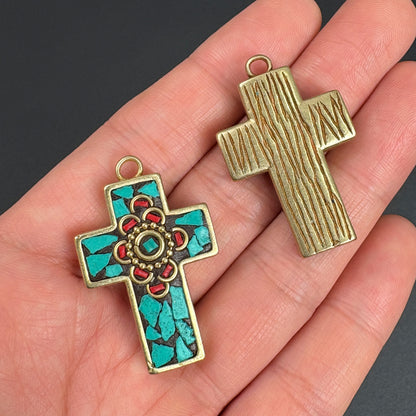 Nepal Ethnic Style Cross Pendant, Handmade Tribal Jewelry, Boho Spiritual Necklace Charm