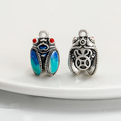 2PCS Cicada Pendants for Necklace, Tibetan Silver with Enamel, Symbol of Renewal and Success, Boho Jewelry Charm