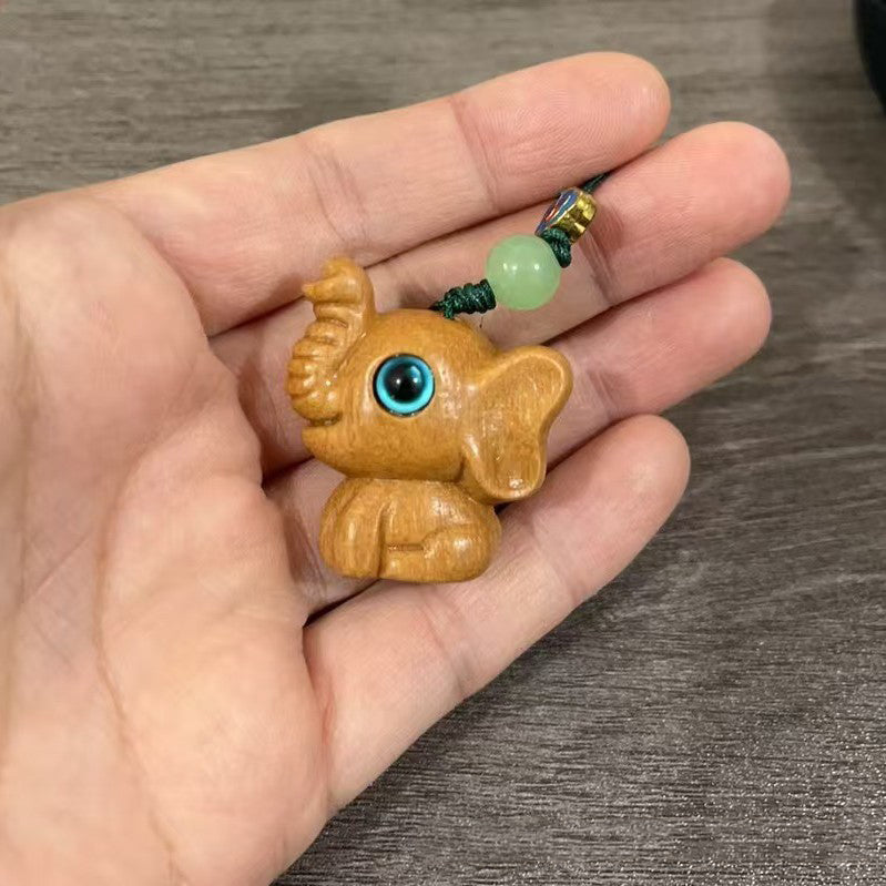 Barbie Sandalwood Carved Elephant Keychain, Handcrafted Wooden Elephant Pendant, Lucky Animal Totem, Handmade Wood Keychain Gift