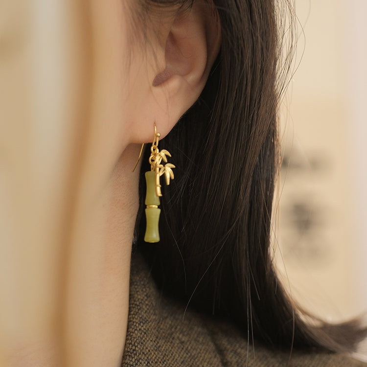 Original Xiuyu Jade Bamboo Earrings, Natural Green Stone Drop Earrings, Handmade Gemstone Dangle Jewelry for Women, Unique Oriental Gift