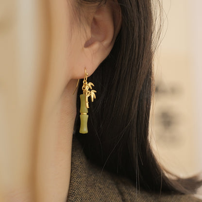 Original Xiuyu Jade Bamboo Earrings, Natural Green Stone Drop Earrings, Handmade Gemstone Dangle Jewelry for Women, Unique Oriental Gift